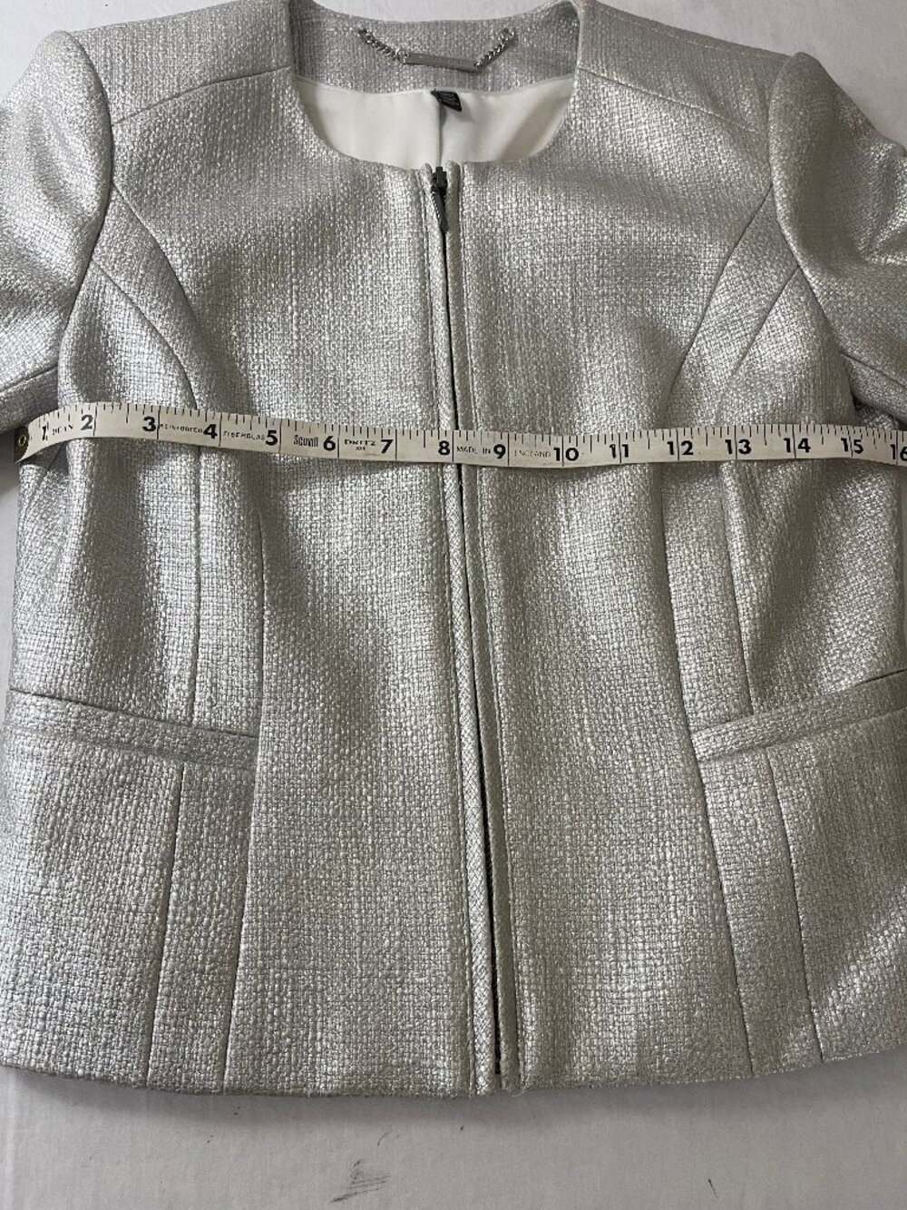 White House Black Market Metallic Silver Tweed Jacket, Size 0 - Picture 8 of 9